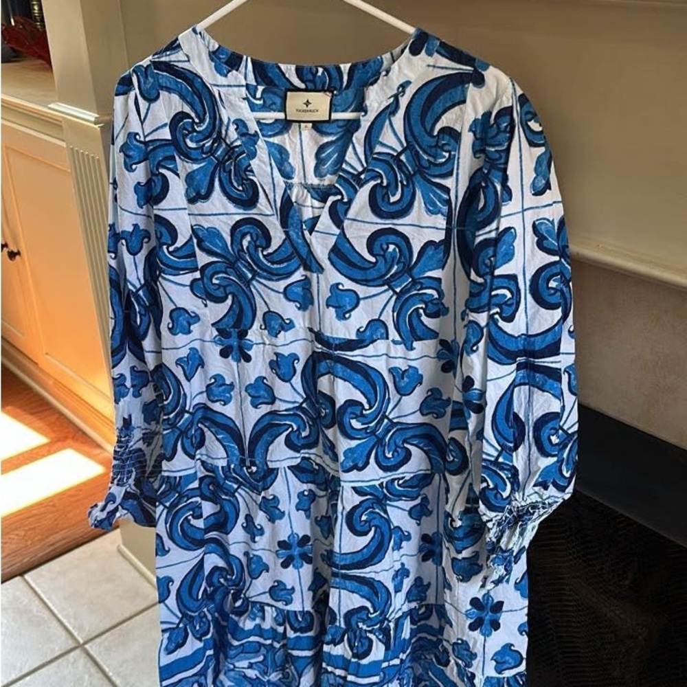 Tuckernuck Blue and White Majolica Tile Print Kenzo Dress size L